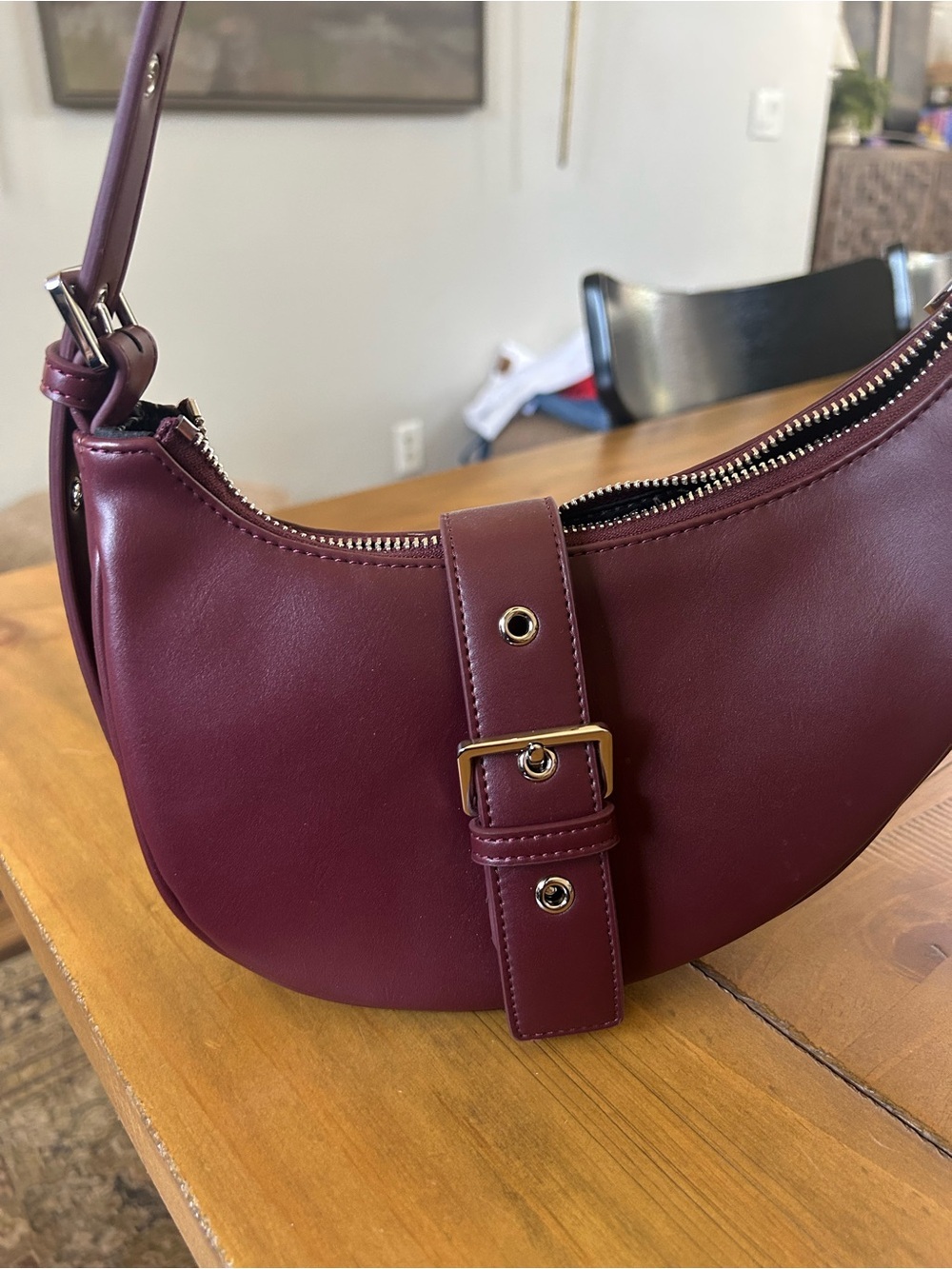 Women's Crescent Shoulder Bag in Deep Burgundy - Picture 2 of 11